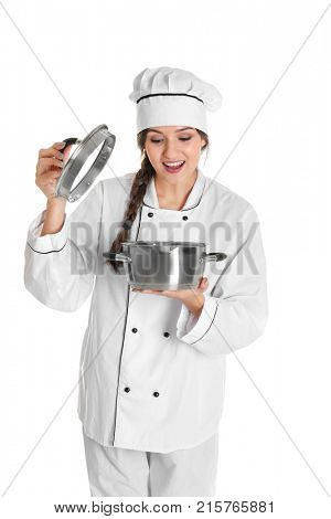 Young female chef with stewpan, isolated on white