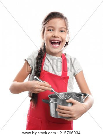 Cute girl with stewpan and whisk, isolated on white