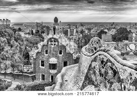 Scenic Aerial View From Park Guell In Barcelona, Catalonia, Spain