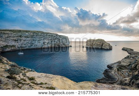 Panoramic View Of Dwejra Bay With Fungus Rock, Gozo, Malta