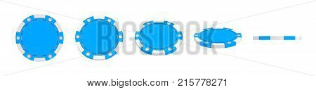 3d rendering of a single blue casino chip shown in different views from full front to a slim side view. Casino strategy. Win or lose money. Casino and lottery.