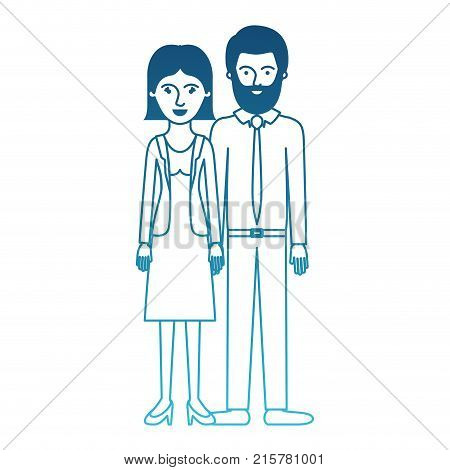 couple in degraded blue silhouette and her with blouse and jacket and skirt and heel shoes with short straight hairstyle and him with shirt and tie and pants and shoes with short hair and bearded vector illustration