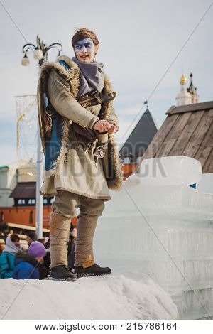 Russia. Moscow.Red square 26 Feb 2017. Carnival Maslenica . warrior winter guards an ice fortress