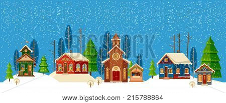 Snowy street. Urban winter landscape. Christmas card Happy Holidays banner.