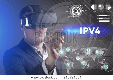 Business, Technology, Internet And Network Concept. Young Businessman Working In Virtual Reality Gla