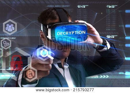 Business, Technology, Internet And Network Concept. Young Businessman Working In Virtual Reality Gla