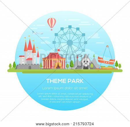 Theme park - modern vector illustration in a round frame with place for text. Different attractions, trees, carousels, castle, horror, hot air balloon and airplane in the sky. Entertainment concept