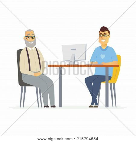 Volunteer help senior man - cartoon people characters isolated illustration on white background. Young smiling social worker sit at the computer in the office and interview a nice pensioner