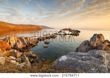 Agios Isidoros church in northern Chios at sunrise.
