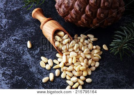 spoon with pine nuts with pinoli pine cones in the background.