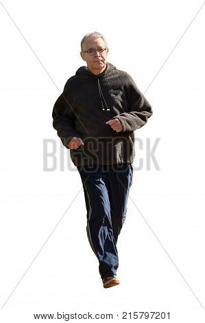 An elderly man is runnin. Isolated on a white background