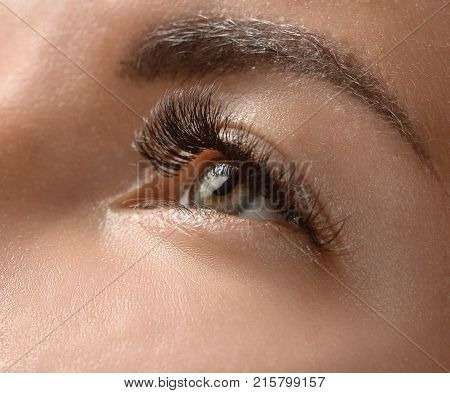 Female beautiful brown eye close-up. Eye pupils close-up.