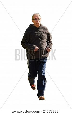 An elderly man is runnin. Isolated on a white background