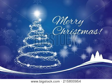 Christmas tree card with blue background. Christmas holiday celebration.