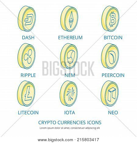 Crypto currency coins isometric icons set.Cryptocurrency signs -Bitcoin, Ethereum, Litecoin, Dash, Ripple, NEM, Peercoin, IOTA, NEO.Virtual cash logos symbols internet money business concept