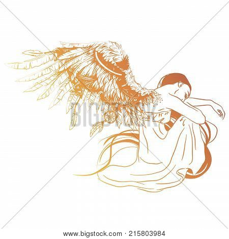 Vector illustration of sad angel with two faded