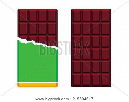 Dark chocolate bars in open package. Chocolate flat design. Vector illustration
