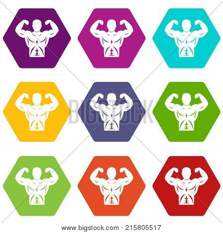 Athletic man torso icon set many color hexahedron isolated on white vector illustration
