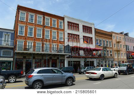 NEW ORLEANS - MAY. 29, 2017: Historic Buildings on Decatur Street between Toulouse Street and St Louis Street in French Quarter in New Orleans, Louisiana, USA.
