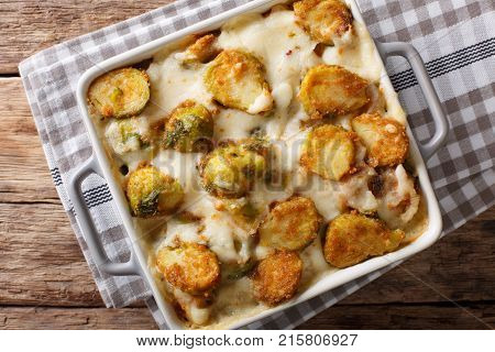 Hot Baked Brussels Sprouts With Garlic, Cheese And Cream Sauce Close-up. Horizontal Top View