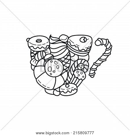 Shape of sweets pastry and coffe illustration. Creative doodle art. Adult anti stess.