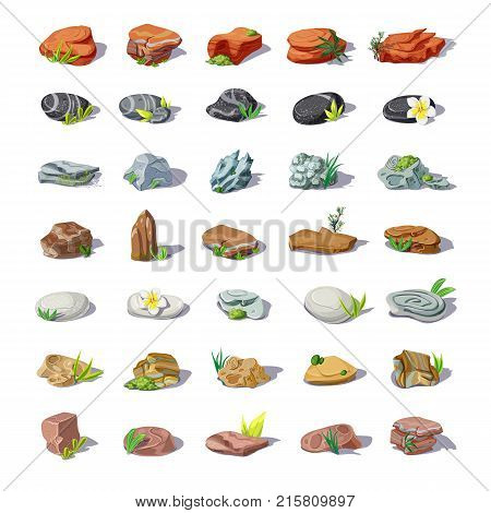 Cartoon colorful stones set with boulders pebbles sandstones rubbles cobblestones rocks of different shapes isolated vector illustration