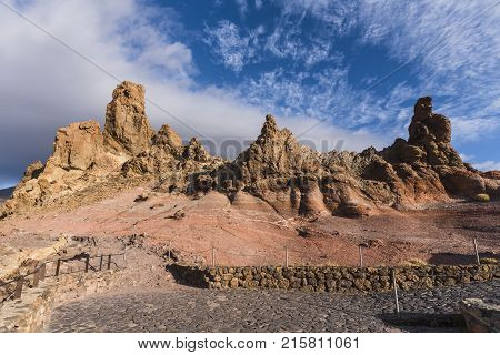 View of unique rock formation Roque Cinchado Teide National Park Tenerife Canary Islands Spain