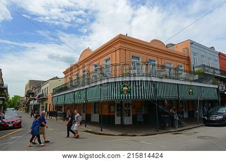 NEW ORLEANS - MAY. 29, 2017: Historic Buildings at the corner of Decatur Street and St Philip Street in French Quarter in New Orleans, Louisiana, USA.
