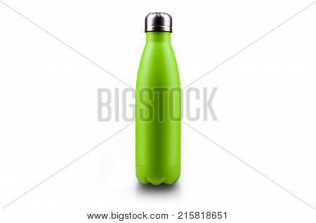 Stainless thermos water bottle, isolated on white background. Light green color