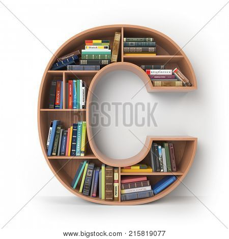Letter C. Alphabet in the form of shelves with books isolated on white. 3d illustration