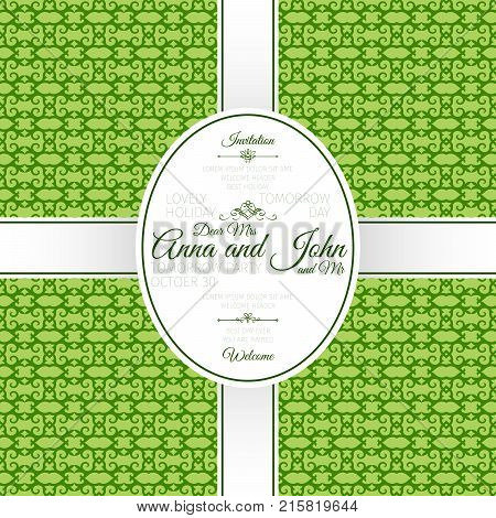 Invitation template card with green geometric pattern, vector illustration