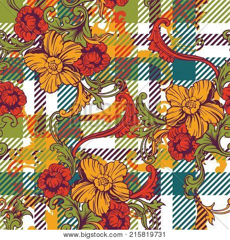 Eclectic fabric plaid seamless pattern with baroque ornament. Vector background.