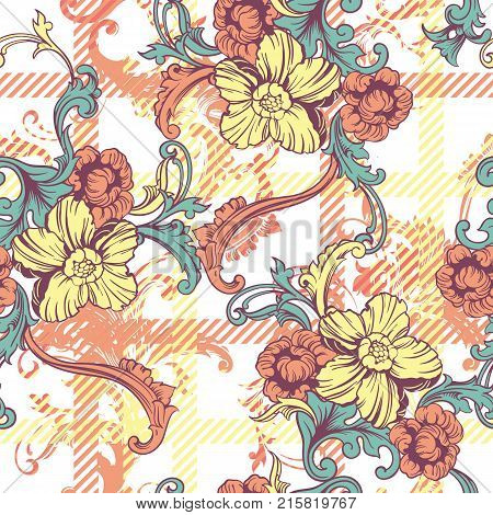 Eclectic fabric plaid seamless pattern with baroque ornament. Vector background.