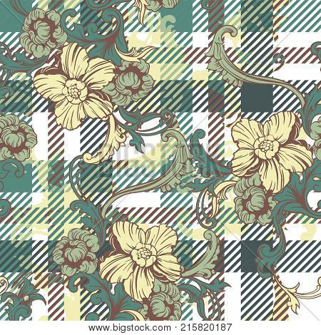 Eclectic fabric plaid seamless pattern with baroque ornament. Vector background.