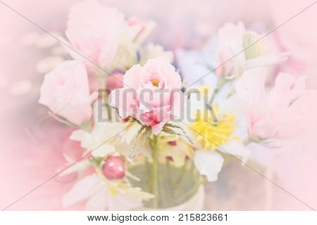 Beautiful tender bouquet from crepe paper flower. Pink handmade paper roses. Paper floral art. Arificial Flower