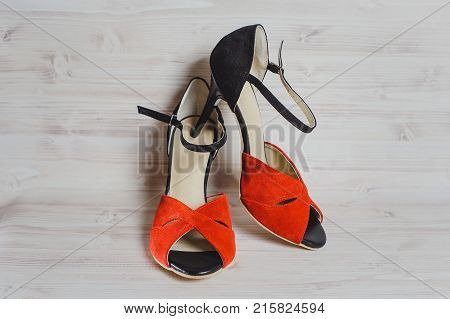 Hand-made Women's Dance Shoes Made Of Genuine Leather On The Wooden Surface
