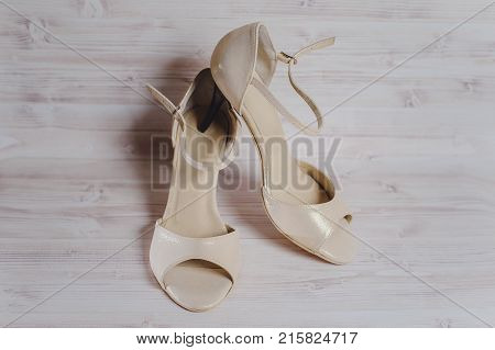 Hand-made Women's Dance Shoes Made Of Genuine Leather On The Wooden Surface