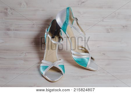 Hand-made Women's Dance Shoes Made Of Genuine Leather On The Wooden Surface