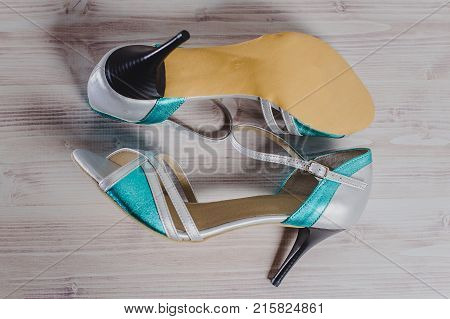 Hand-made Women's Dance Shoes Made Of Genuine Leather On The Wooden Surface