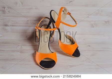 Hand-made Women's Dance Shoes Made Of Genuine Leather On The Wooden Surface