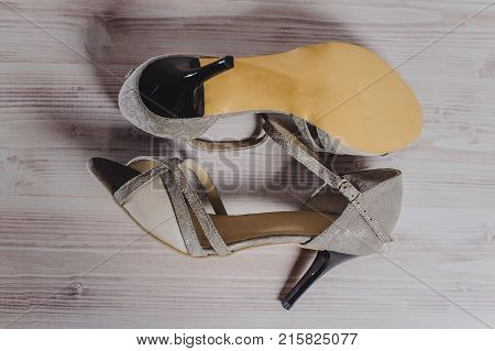 Hand-made Women's Dance Shoes Made Of Genuine Leather On The Wooden Surface