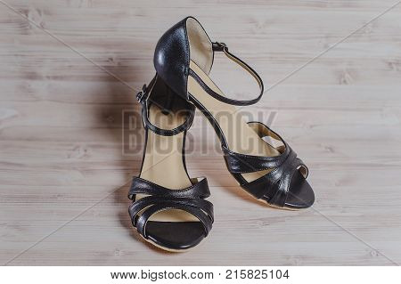 Hand-made Women's Dance Shoes Made Of Genuine Leather On The Wooden Surface