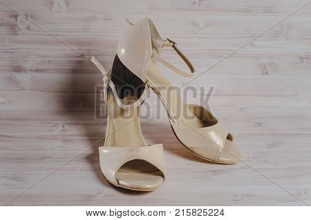 Hand-made Women's Dance Shoes Made Of Genuine Leather On The Wooden Surface