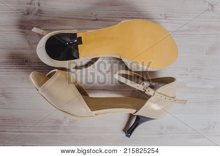 Hand-made Women's Dance Shoes Made Of Genuine Leather On The Wooden Surface