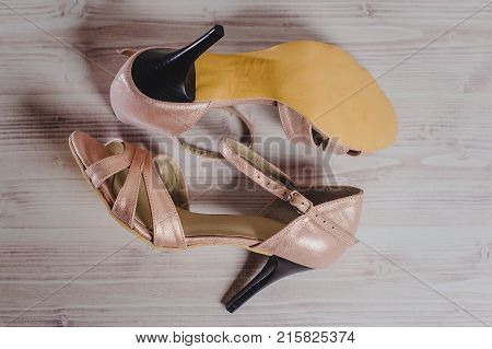 Hand-made Women's Dance Shoes Made Of Genuine Leather On The Wooden Surface