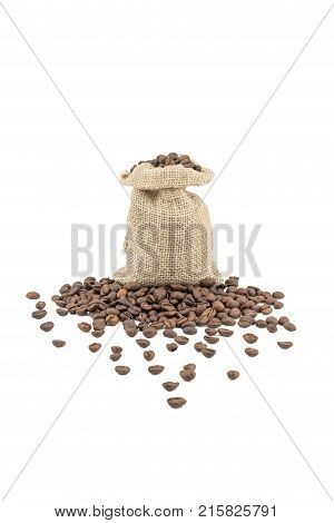 Coffee sack with beans. Isolated coffee bag on white background. Coffee beans isolated.