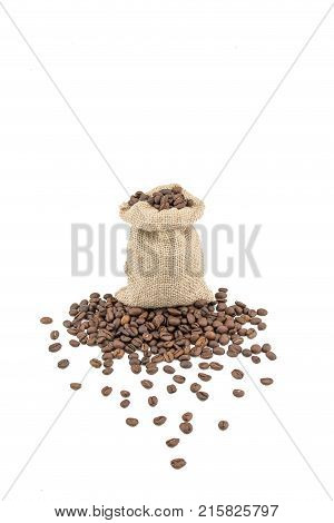 Coffee sack with beans. Isolated coffee bag on white background. Coffee beans isolated.