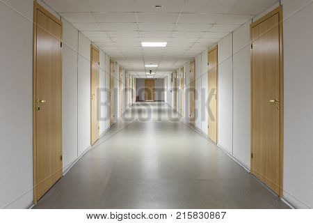 Long office hallway with a lot of yellow wooden doors.