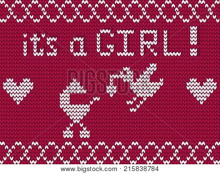 Baby arrival card for girl. Knitting vector illustration of baby stroller, stork, hearts and text it's a girl on purple seamless knitted background.