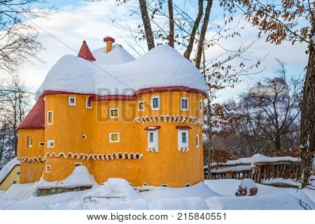 VELIKI TABOR, CROATIA - FEBRUARY 07, 2015 Model of the old castle Veliki Tabor on the children's playground.